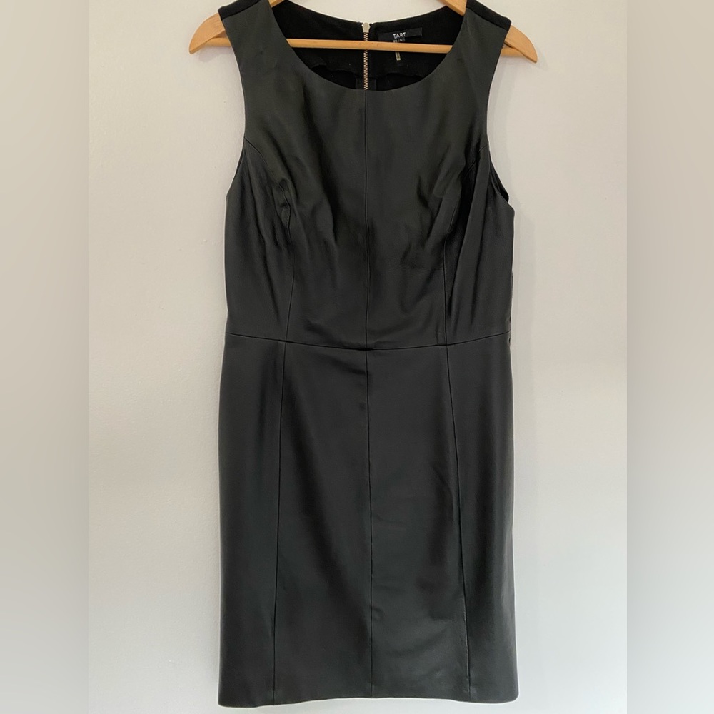 Black dress w/ faux leather front, stretch fabric back, size Large slim fit.